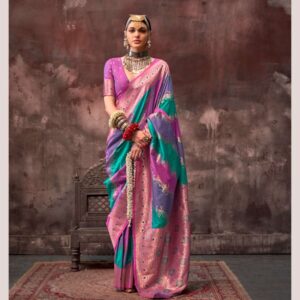 Kookal Rangkat Handloom Weaving Silk Saree - Teal Green Magenta / Slate Purple
