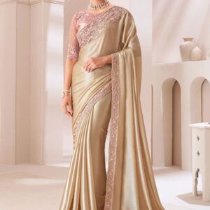 Beige Gold Embellished Pure Chiffon Saree with Pastel Pink Blouse