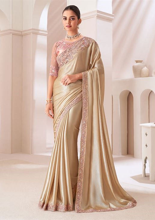 Beige Gold Embellished Pure Chiffon Saree with Pastel Pink Blouse