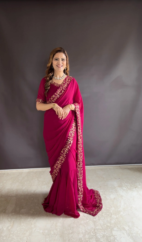 Magenta Faux Georgette Embroidered Readymade Saree Gown