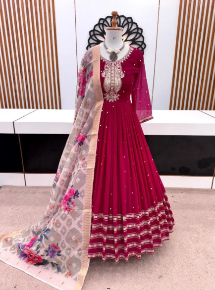 Deep Rani Pink Embroidered Anarkali Gown Set with Digital Print Dupatta
