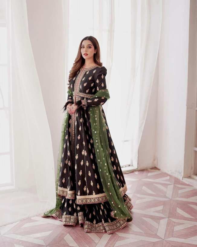 Black & Green Embroidered Taffeta Silk Anarkali Sharara Suit