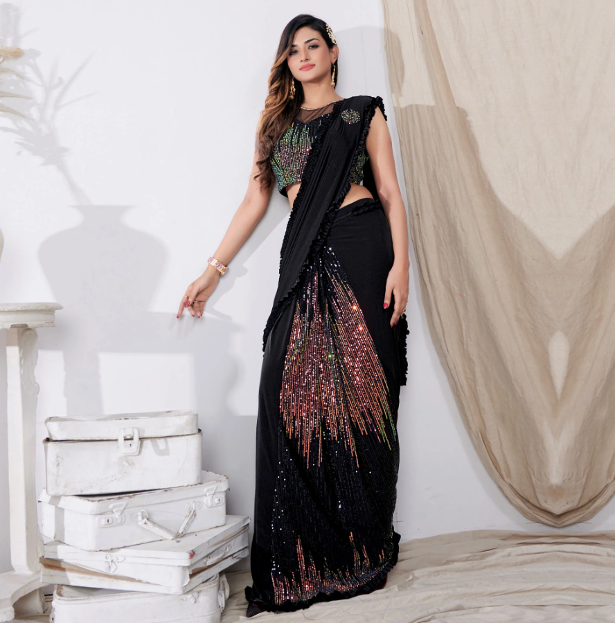 Black 1-Minute Readymade Lycra Sequin Saree with Stitched Blouse