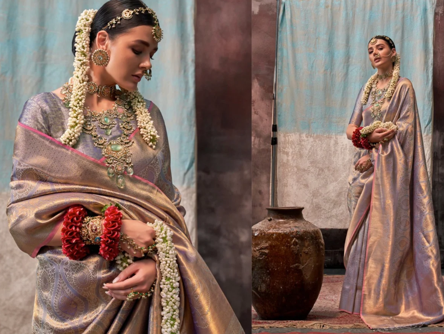 Goldish Purple Two-Tone Handloom Weaving Silk Zari Saree with Unstitched Blouse