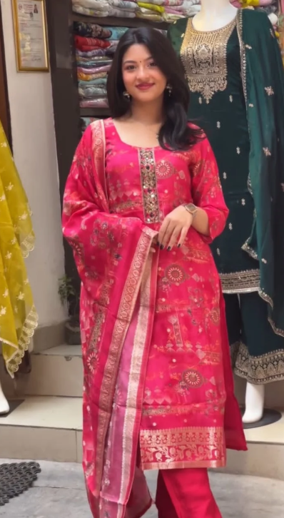Rani Pink Premium Silk Zari Mirror Work 3-Piece Suit Set – L