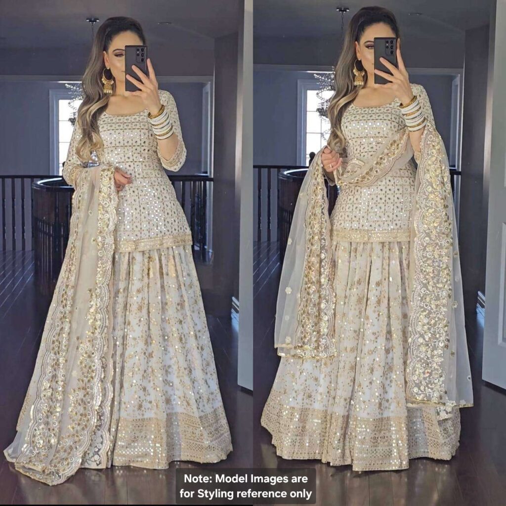 Ivory White Sequins Embroidered Lehenga Set with Dupatta