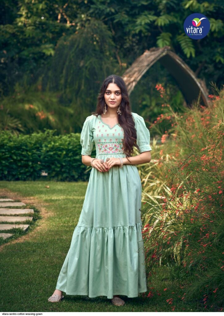 Mint Green Embroidered Cotton Long Kurti Gown – XL