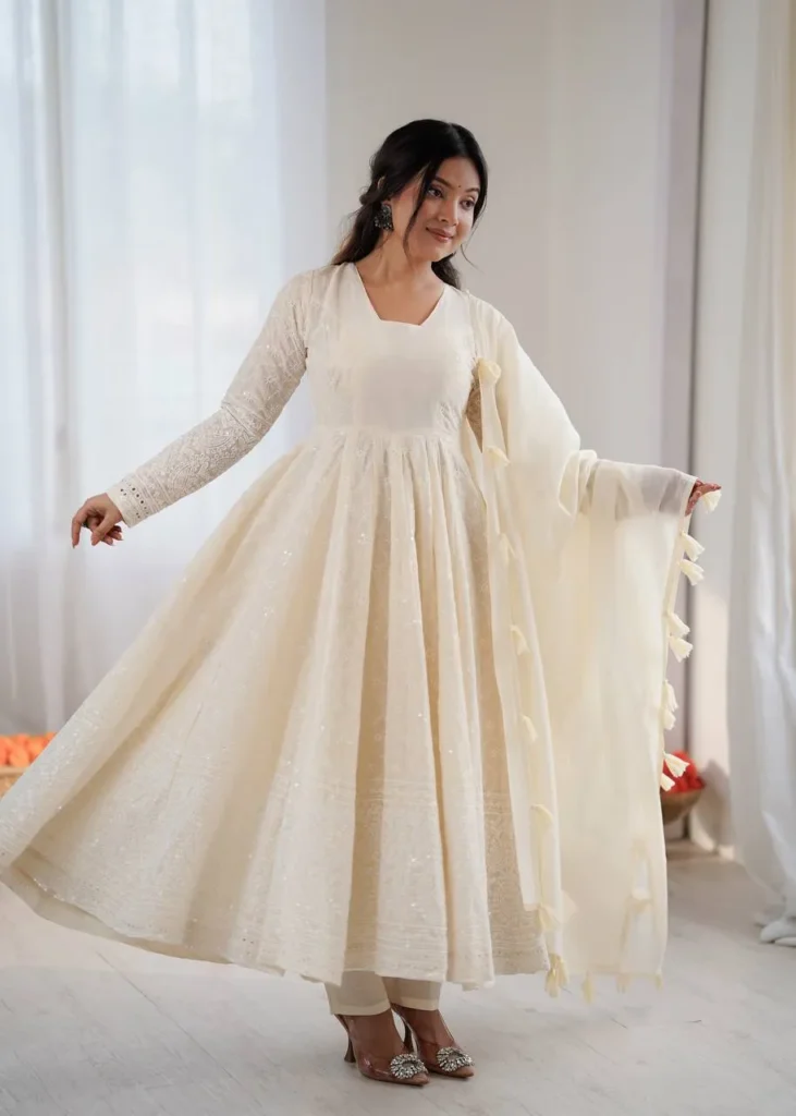 Off White Cream Kora Cotton Schiffli Embroidered Flared Anarkali Gown Set with Dupatta – XL