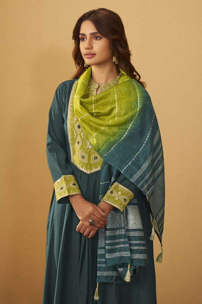 Dark Teal Green Roman Silk Embroidered Flared Kurta Pant Set with Chanderi Jacquard Dupatta – XL