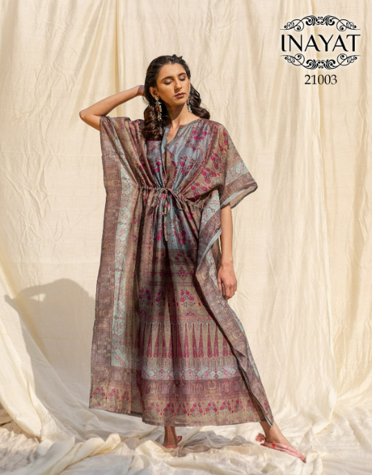 Mauve Grey Floral Soft Silk Long Kaftan – 21003-L