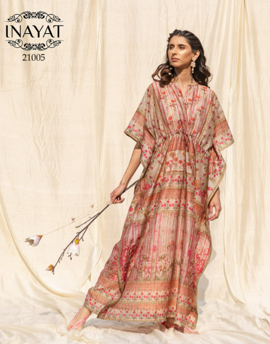 Blush Peach Floral Soft Silk Long Kaftan – 21005-L
