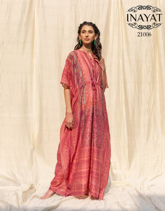 Deep Pink Floral Soft Silk Long Kaftan – 21006-L