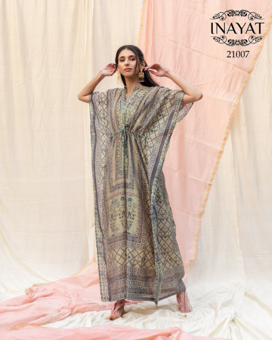 Grey Green Floral Soft Silk Long Kaftan – 21007-L