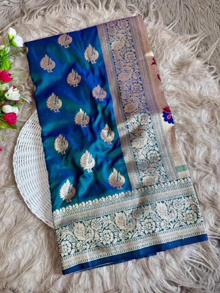 Shimmering Peacock Blue Soft Paithani Silk Saree with Metallic Zari Weaving & Designer Pallu