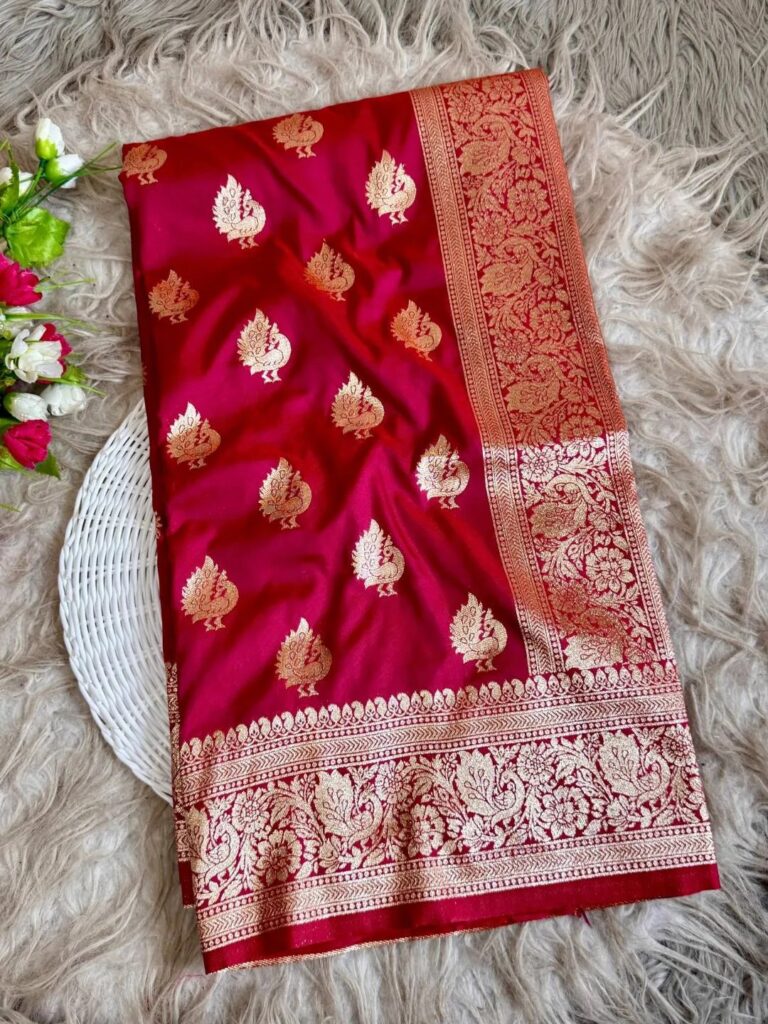 Shimmering Ruby Red Soft Paithani Silk Peacock Saree with Gold Zari Weaving & Designer Pallu
