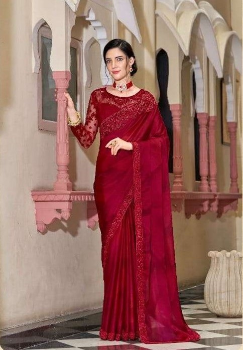 Ruby Red Embroidered Silk 1-Minute Readymade Saree – S–M