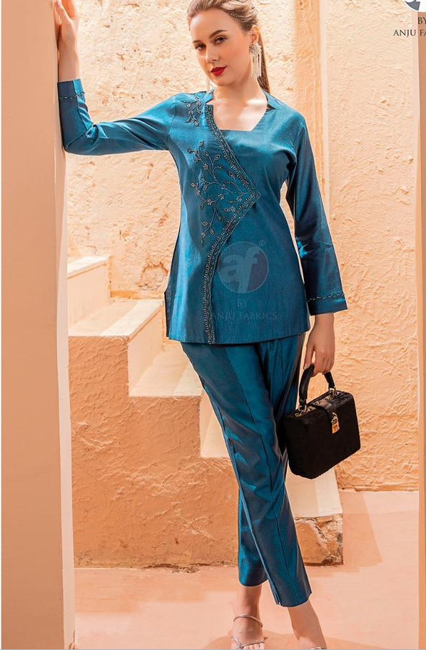 Teal Blue Asymmetrical Handwork Indo-Western Co-ord Set – XL