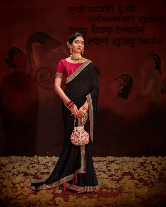 BLACK Swarovski Work Vichitra Saree with Contrast Blouse – Suma Aayushi 4004