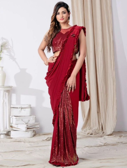 Red 1-Minute Readymade Lycra Sequin Saree with Stitched Blouse