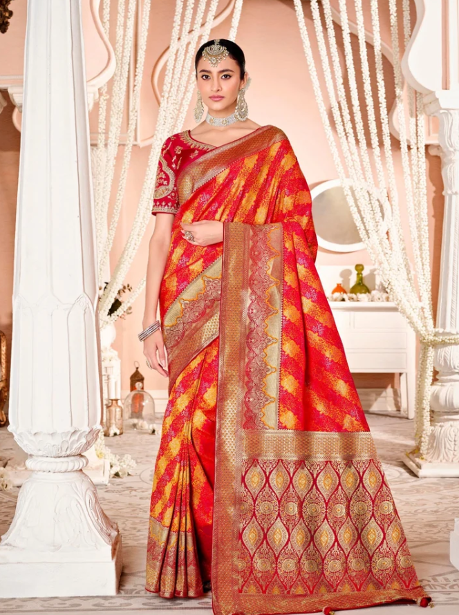 Royal Rutba Yellowish Red Zari Woven Silk Saree with Heavy Blouse