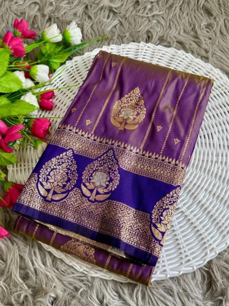 Shimmering Purple & Royal Blue Banarasi-Style Luxaria Silk Saree with Gold Zari Weaving & Designer Pallu (Pre-Order)