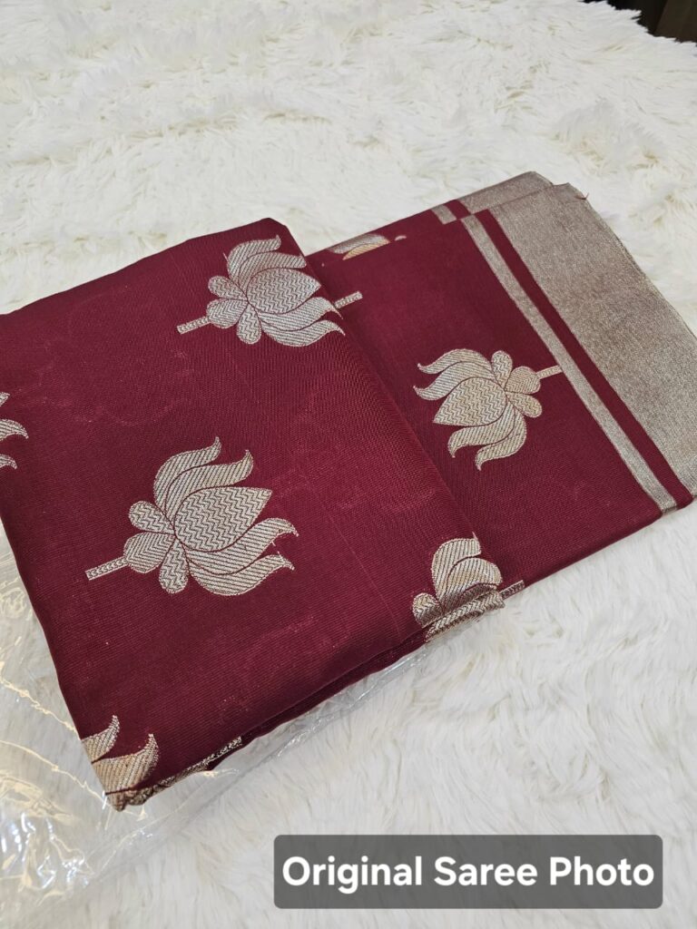 Brownish Maroon Saree with Silver-Toned Floral Woven Motifs- Semi-Kanchivaram Silk Saree with Silver Zari Weaving & Designer Pallu