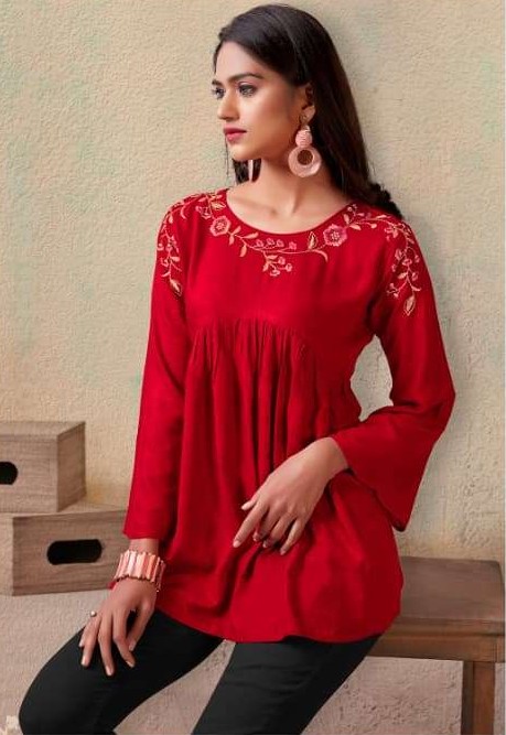Red Embroidered Cotton Silk Flared Short Kurti Top – XL