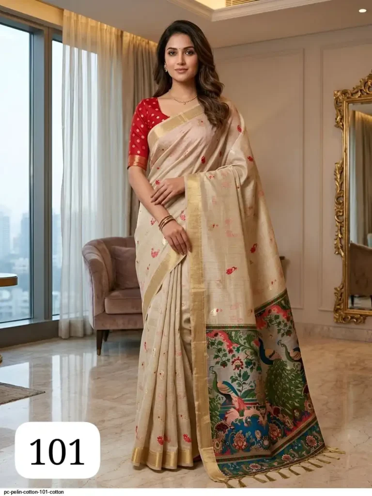 Golden Beige Cotton Saree with Kalamkari-Style Peacock & Floral Pallu