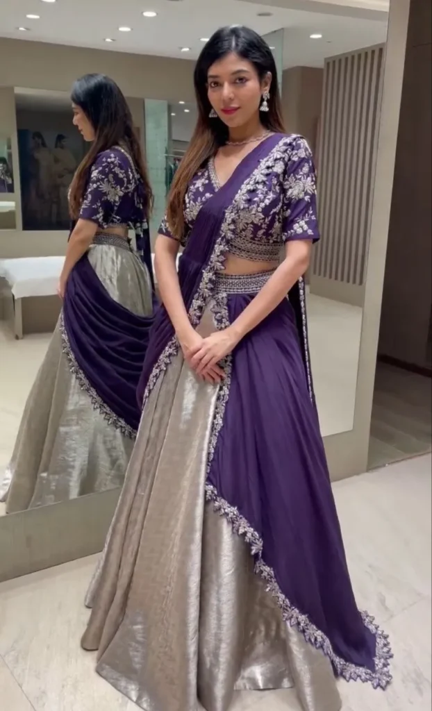 Royal Purple & Silver-Grey Rangoli Embroidered Ready-to-Wear Saree-Style Lehenga Set - Free Size