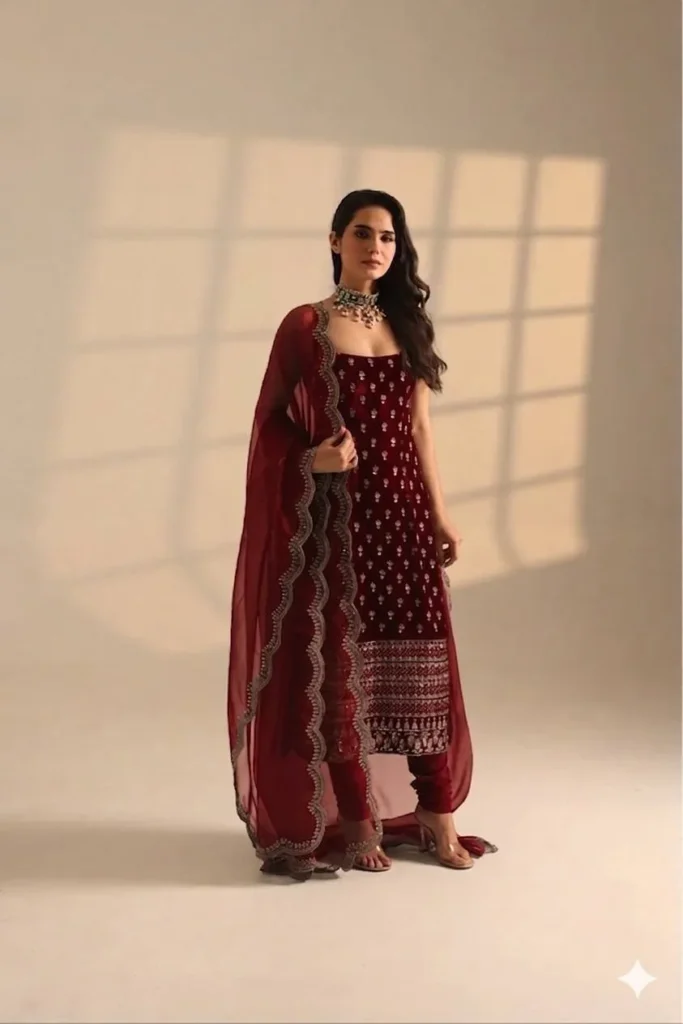 Deep Wine Maroon Roman Glass Satin Zari & Sequin Work Salwar Suit with Organza Dupatta – L