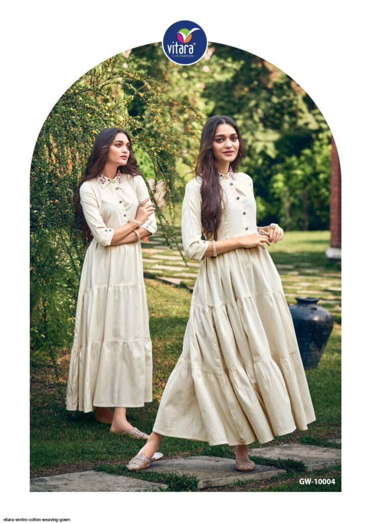 Ivory Embroidered Cotton Shirt-Collar Long Kurti Gown – XL