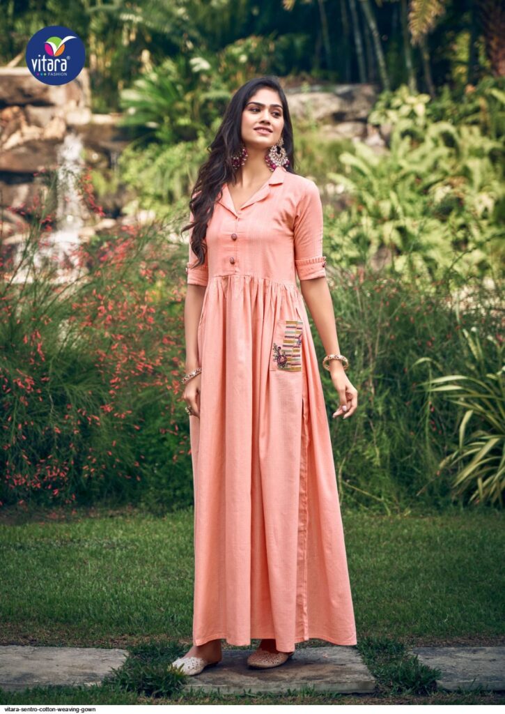 Coral Pink Embroidered Pocket Cotton Long Kurti Gown – XL